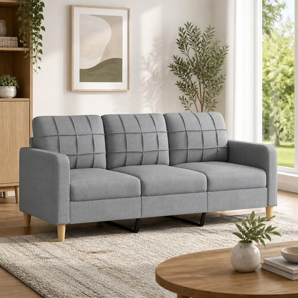 3-Seater Sofa Grey Fabric 180cm Modern Lounge Couch with Padded Armrests