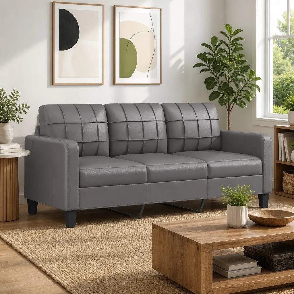 3-Seater Sofa Grey Faux Leather 180cm Modern Lounge Couch