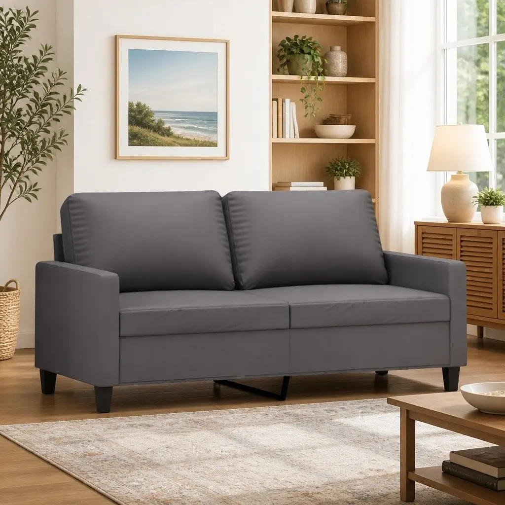 2-Seater Sofa Grey Faux Leather Upholstered 140cm Modern Living Room Couch