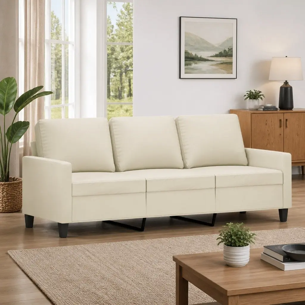3-Seater Sofa Cream 180cm Faux Leather Lounge Couch Living Room Furniture