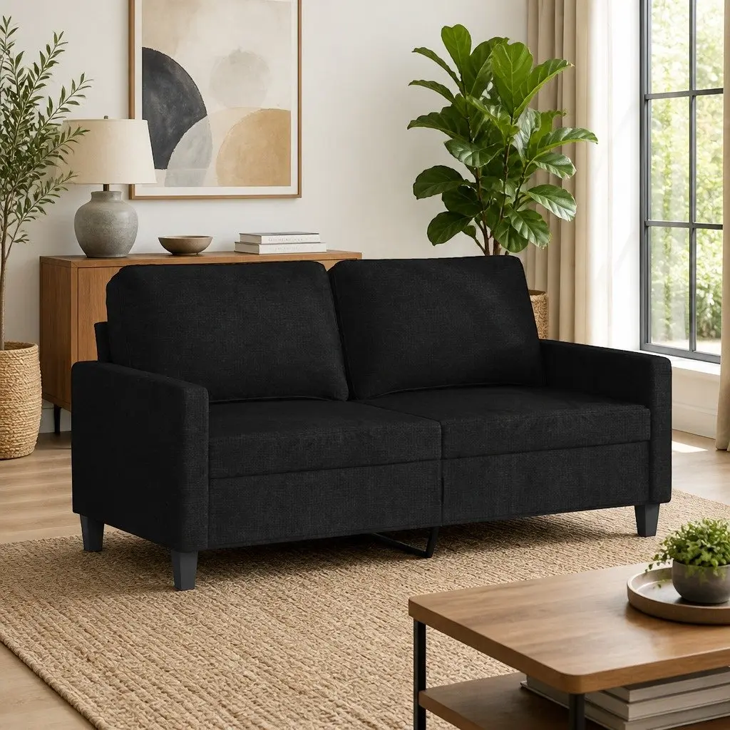 2-Seater Sofa Black Fabric 140cm Modern Lounge Couch