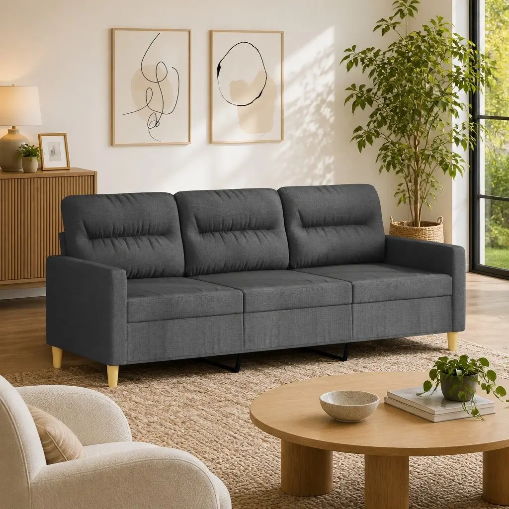 3-Seater Sofa Grey Fabric Modern 180cm