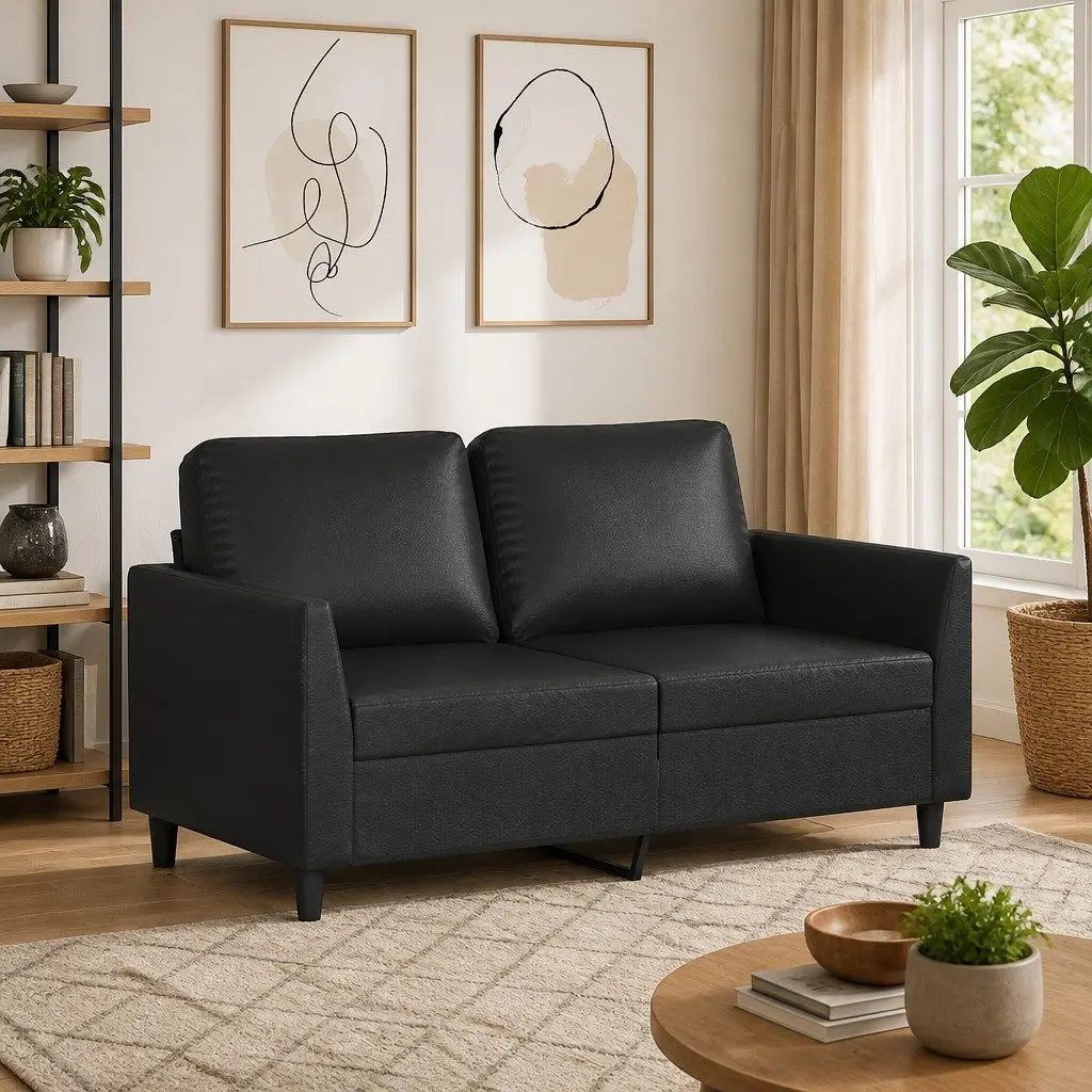 2-Seater Sofa Black Faux Leather 120cm Modern Living Room Couch