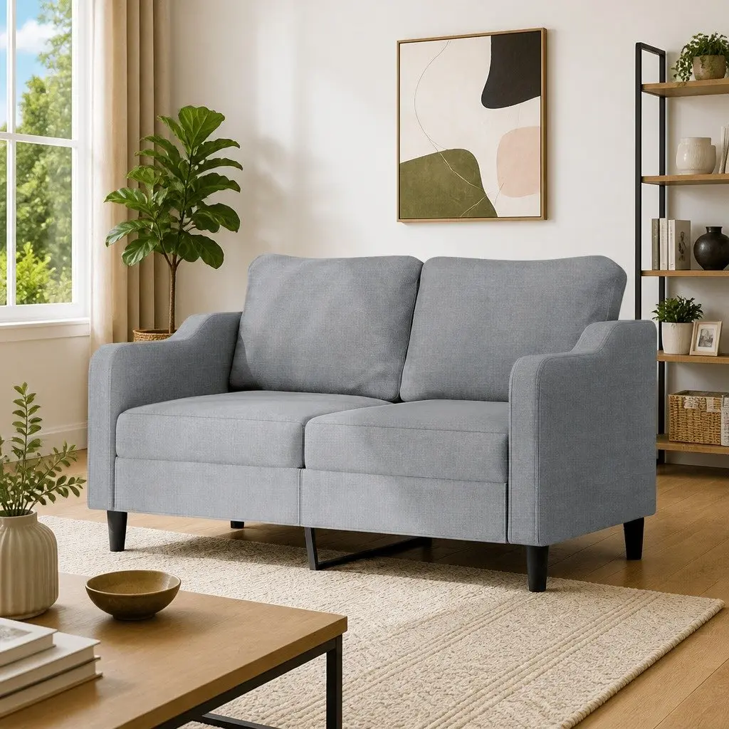 2-Seater Sofa Grey Fabric 140cm Living Room Couch Padded Armrests Modern Design