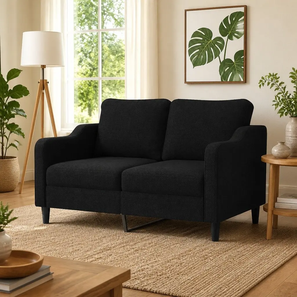 2-Seater Sofa Black 140cm Fabric Upholstered Padded Couch