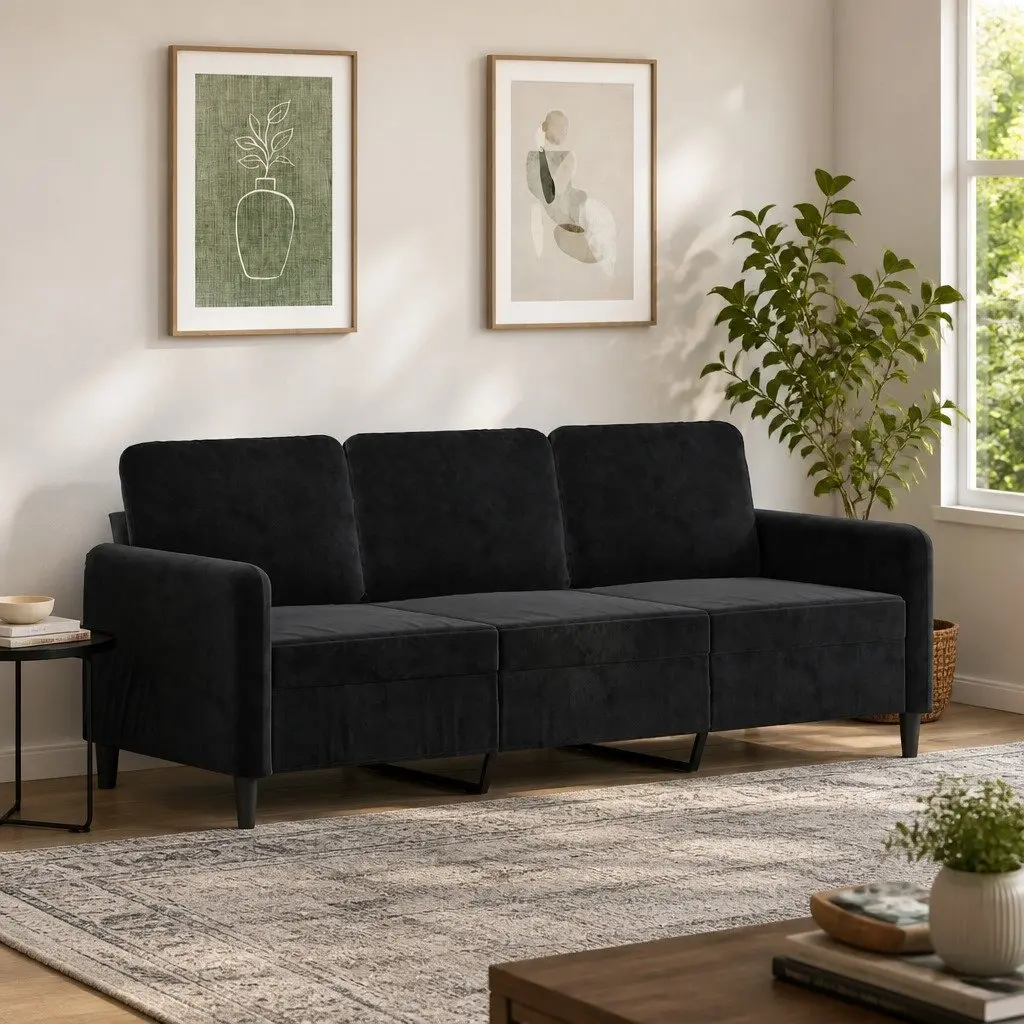 3-Seater Sofa Black Velvet 180cm Modern Living Room Couch Padded Armrest