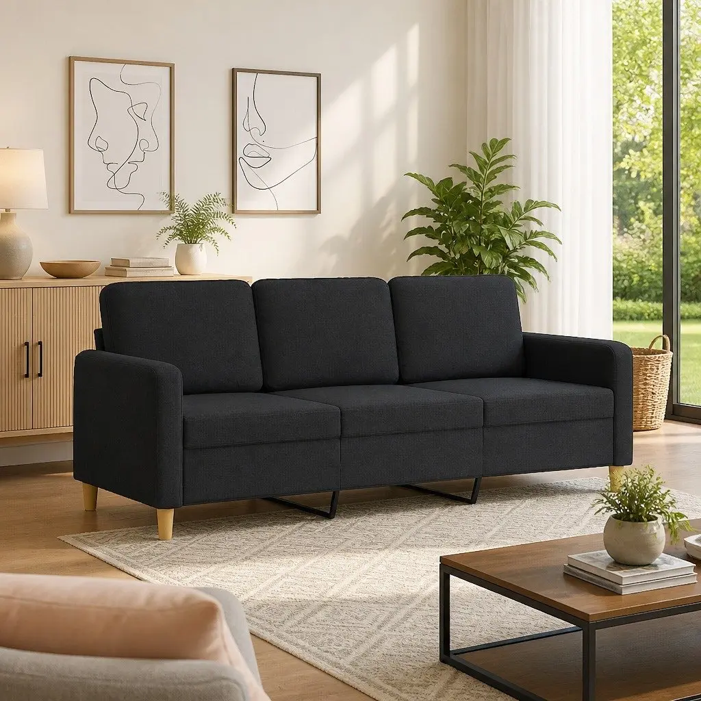 3-Seater Sofa Black Fabric 180cm Modern Upholstered Couch