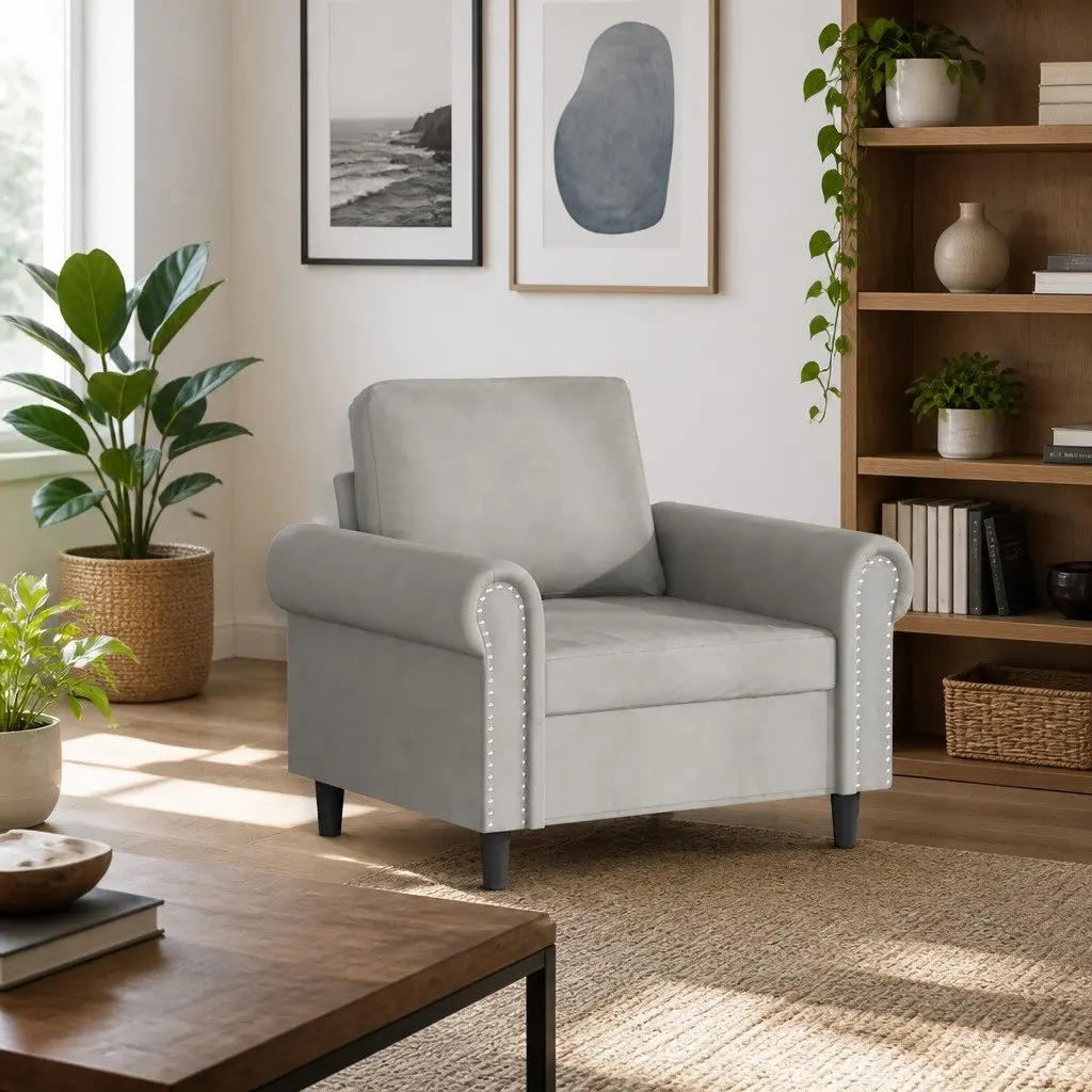 Sofa Chair Grey 60cm Velvet Armchair Comfortable Seating Living Room Furniture