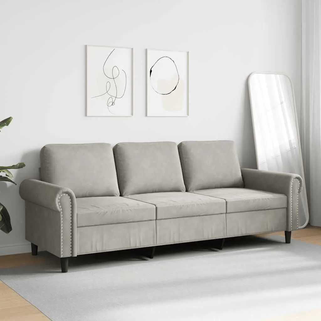 3-Seater Sofa Grey Velvet Living Room Couch Modern Design Comfortable Furniture