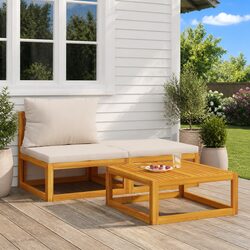 3 Piece Outdoor Garden Lounge Set Grey Cushions Solid Acacia Wood Coffee Table