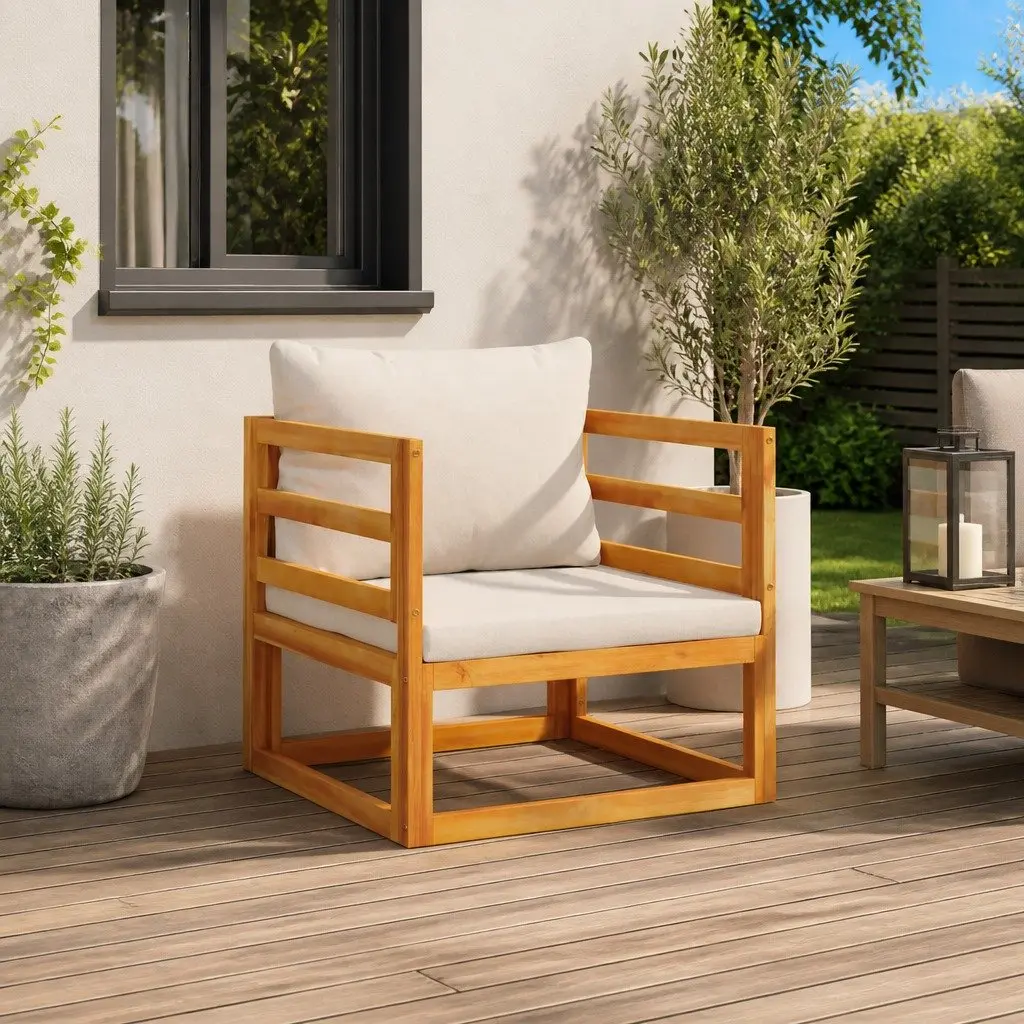 Outdoor Garden Chair Solid Acacia Wood Light Grey Cushions