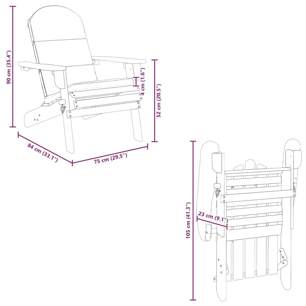 Adirondack Garden Chair Solid Wood Foldable Outdoor Lounge Seat with Cushions