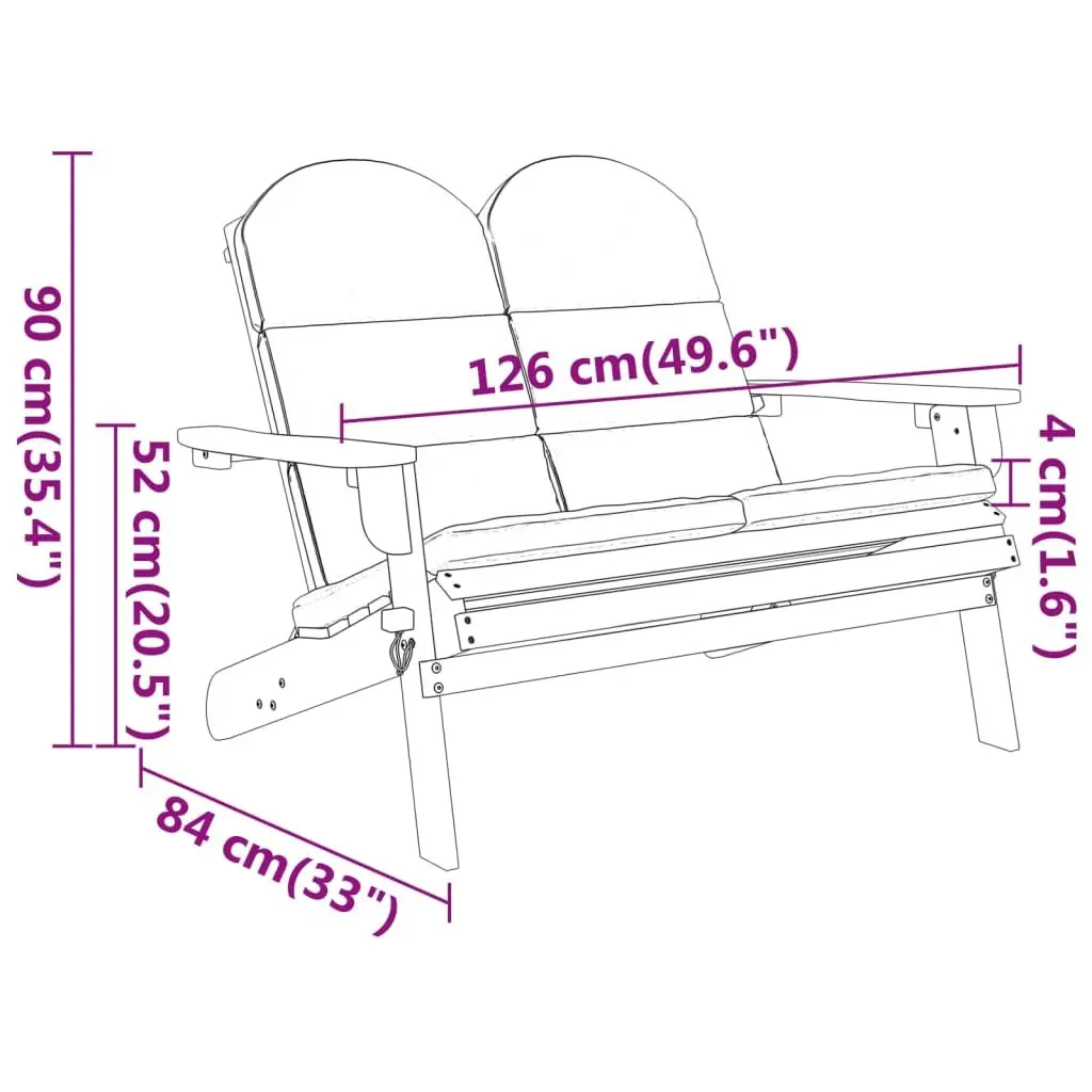 Adirondack Garden Bench 126 cm Solid Wood Outdoor Seating with Cushions Foldable