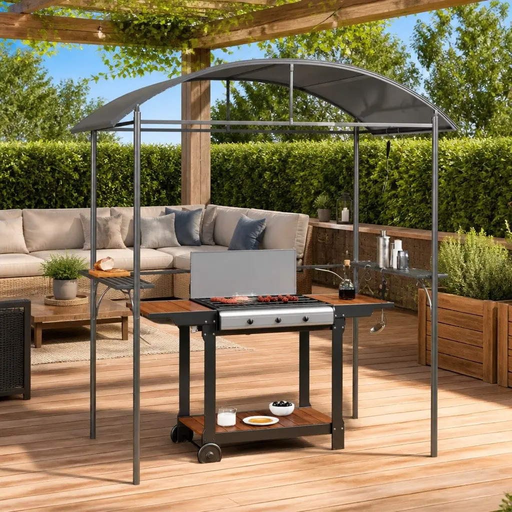 BBQ Gazebo Steel Frame with Side Shelves Anthracite 220x115x230cm