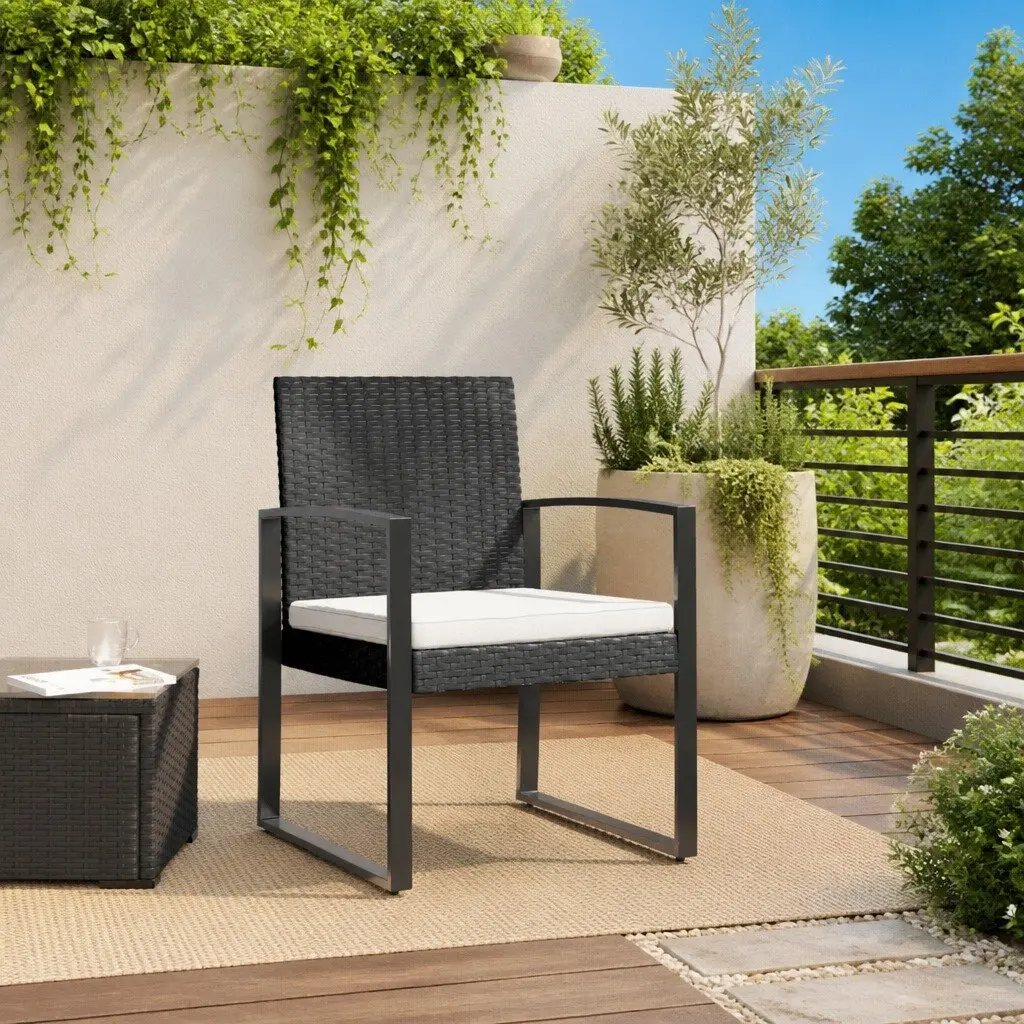 Outdoor Dining Chairs Black Rattan 2 Pcs with Armrests and Cushions