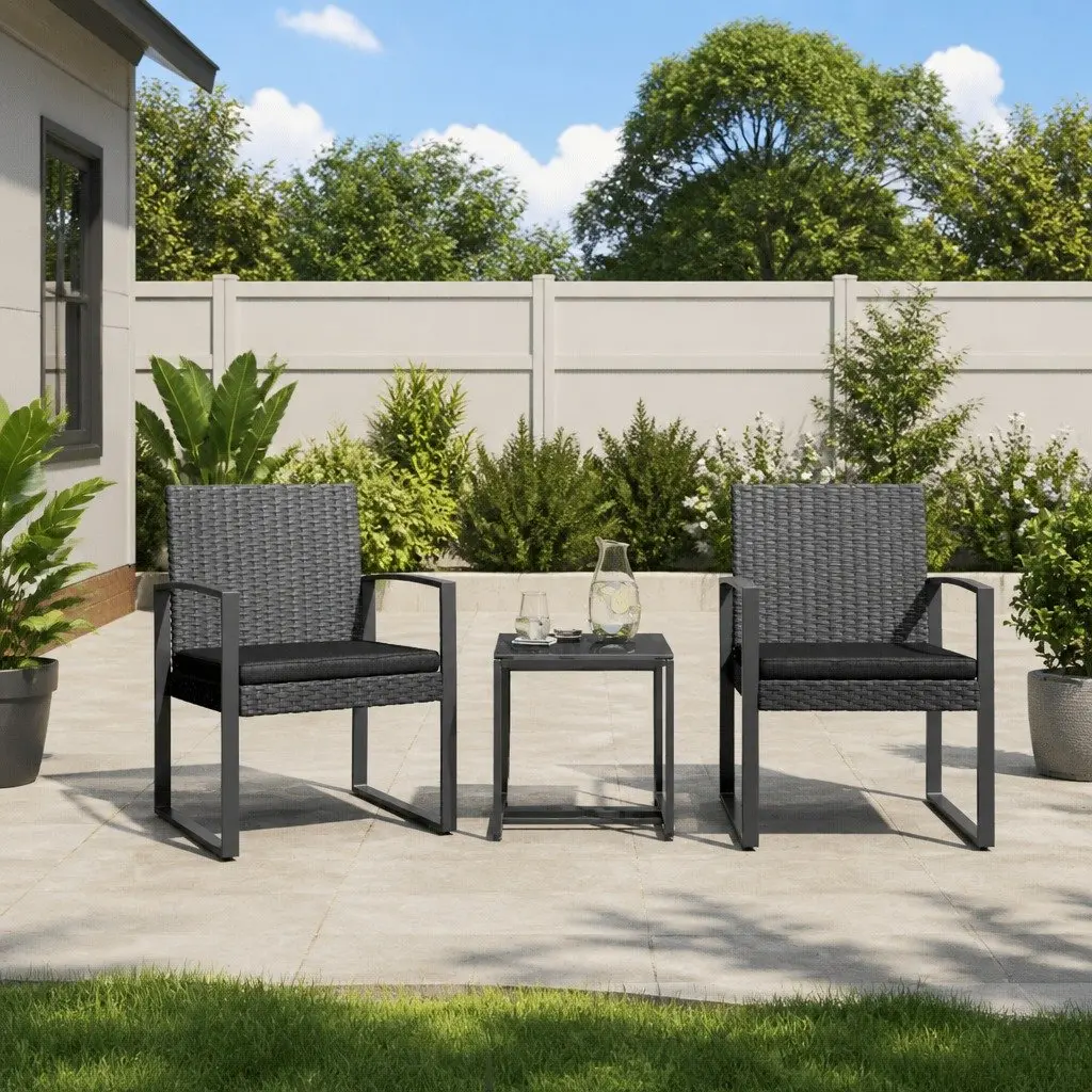 Garden Dining Set 3 Piece Outdoor Furniture Rattan Chairs Table Cushions Grey