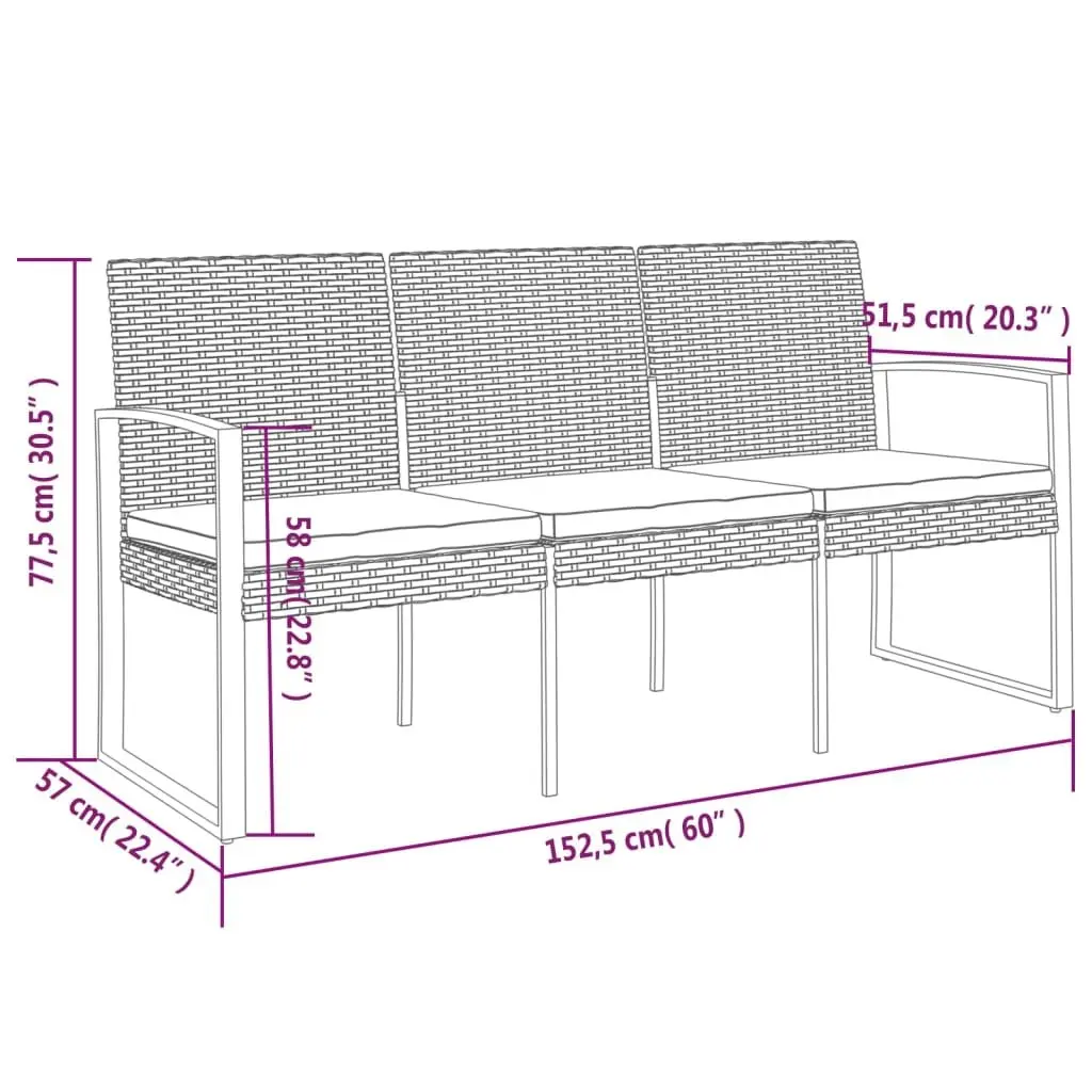 3-Seater Garden Bench with Cushions Brown Outdoor Patio Seating