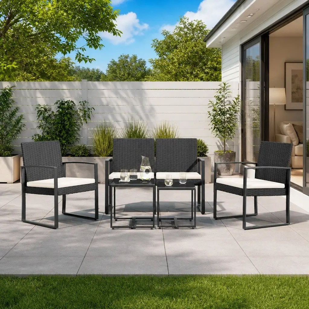 Garden Dining Set 5 Piece Outdoor Furniture Black Rattan Chairs Table Cushions