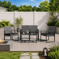 Garden Dining Set 5 Piece Outdoor Patio Furniture with Cushions Grey Rattan