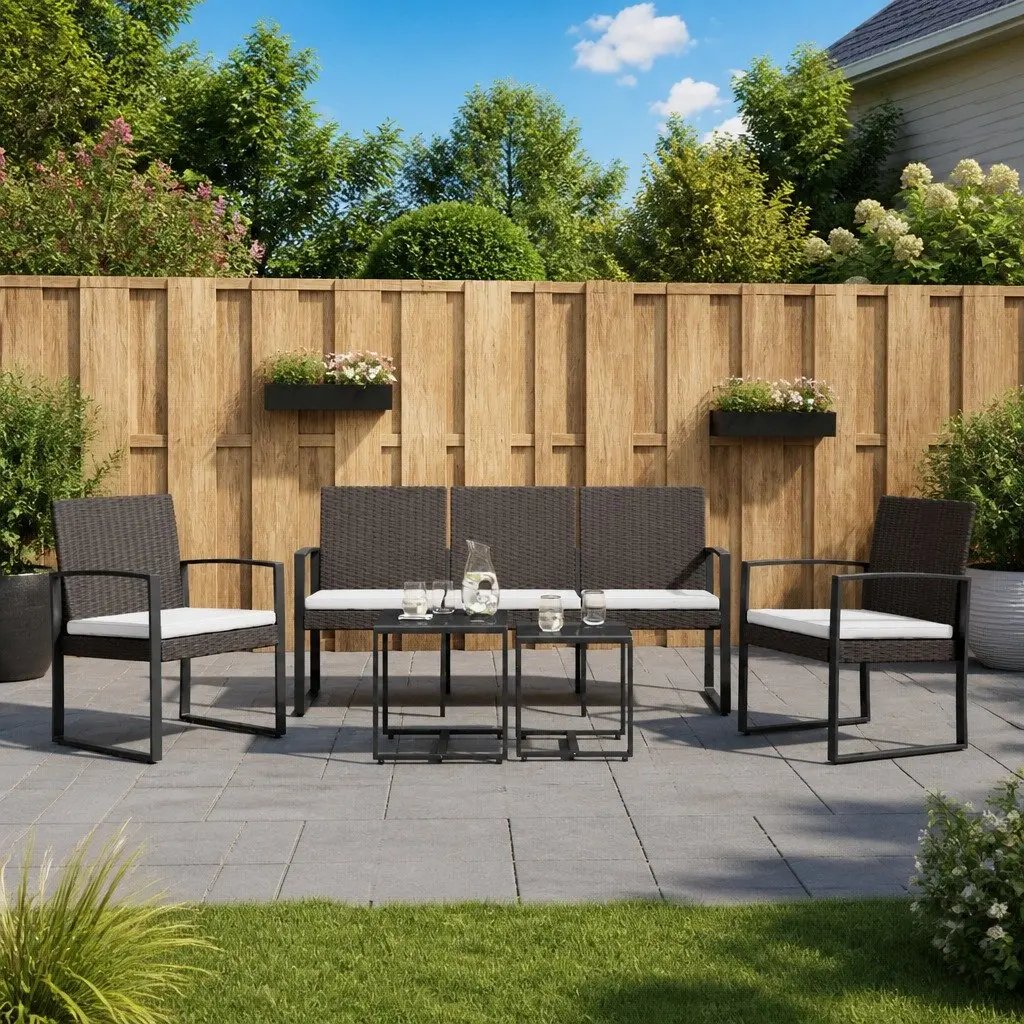 Garden Dining Set Brown 5 Piece Outdoor Furniture Table Chairs Cushions