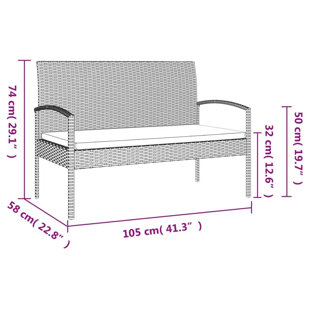 Garden Bench with Cushion Grey 105cm Outdoor Seating Poly Rattan Patio Chair