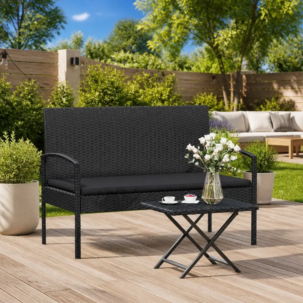 Garden Bench with Cushion Black 105cm Outdoor Seating Poly Rattan