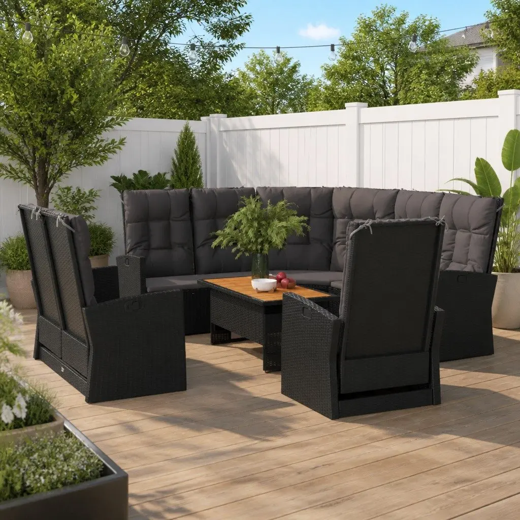 Garden Lounge Set Black Weather Resistant PE Rattan Acacia Wood 4 Piece