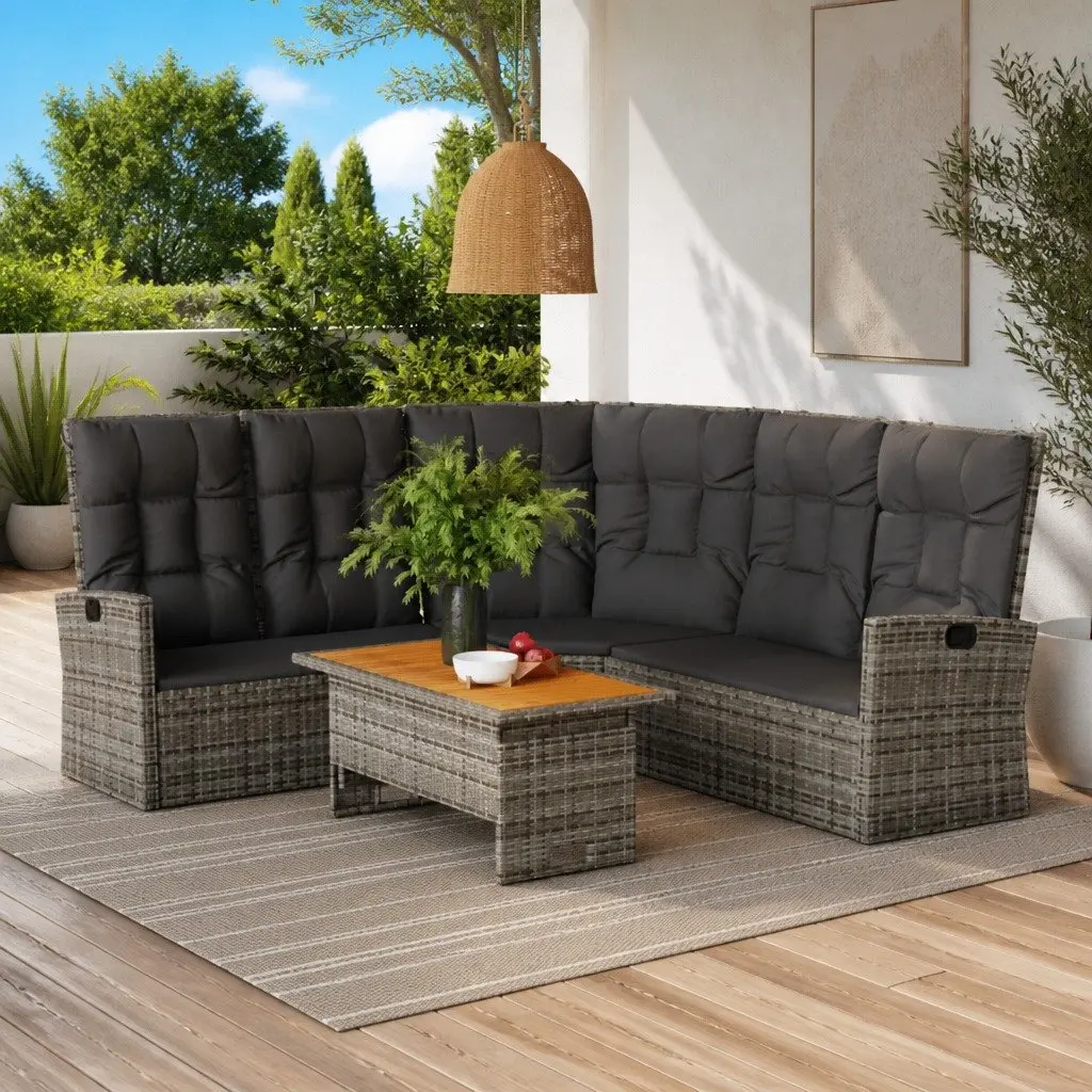 Reclining Corner Sofa Adjustable Backrest Grey Poly Rattan Outdoor Garden Seating