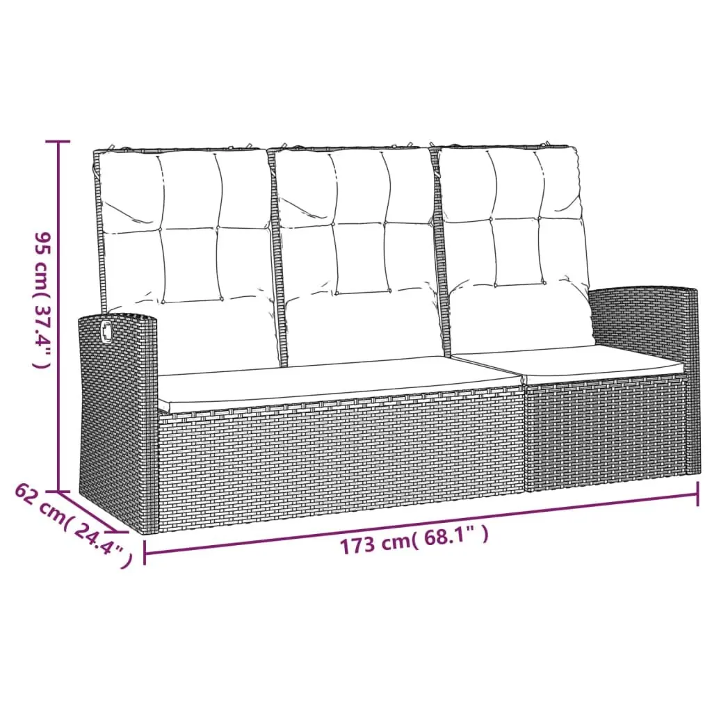 Reclining Garden Bench with Cushions Black 173cm Outdoor Seating Adjustable