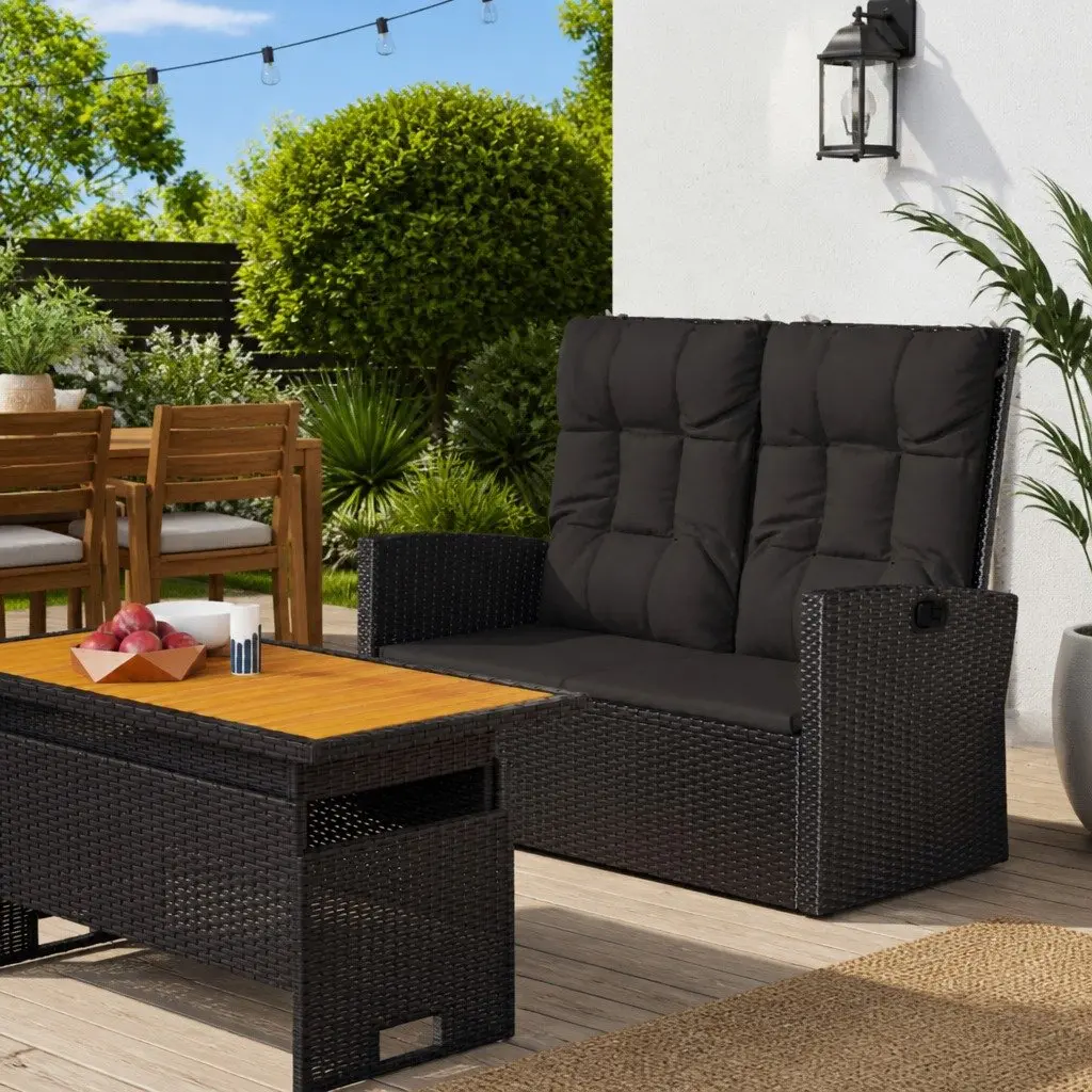 Reclining Garden Bench Adjustable Backrest with Cushions Black