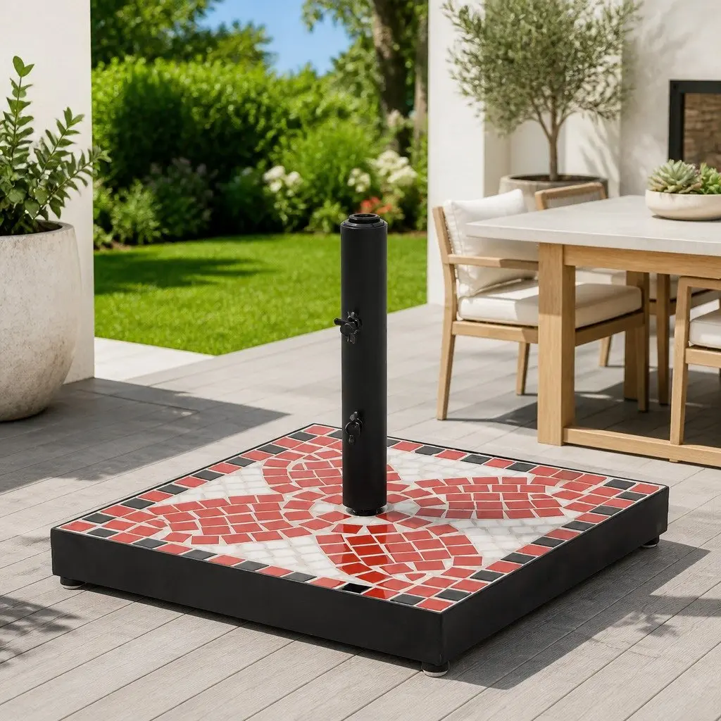 Parasol Base Square Outdoor Umbrella Stand Sturdy Iron Construction Ceramic Tile Surface Terracotta