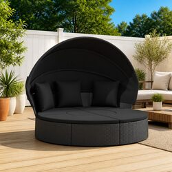 Outdoor Lounge Bed with Canopy Cushions Black Poly Rattan Garden Furniture