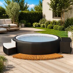 Hot Tub Surround Spa Bench Storage Shelf Black Rattan Wood Outdoor Enclosure