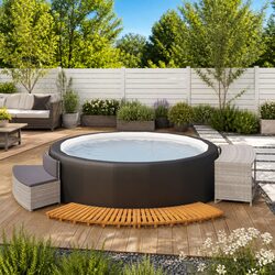 Hot Tub Surround Spa Bench Storage Shelf Grey Poly Rattan Acacia Wood Frame