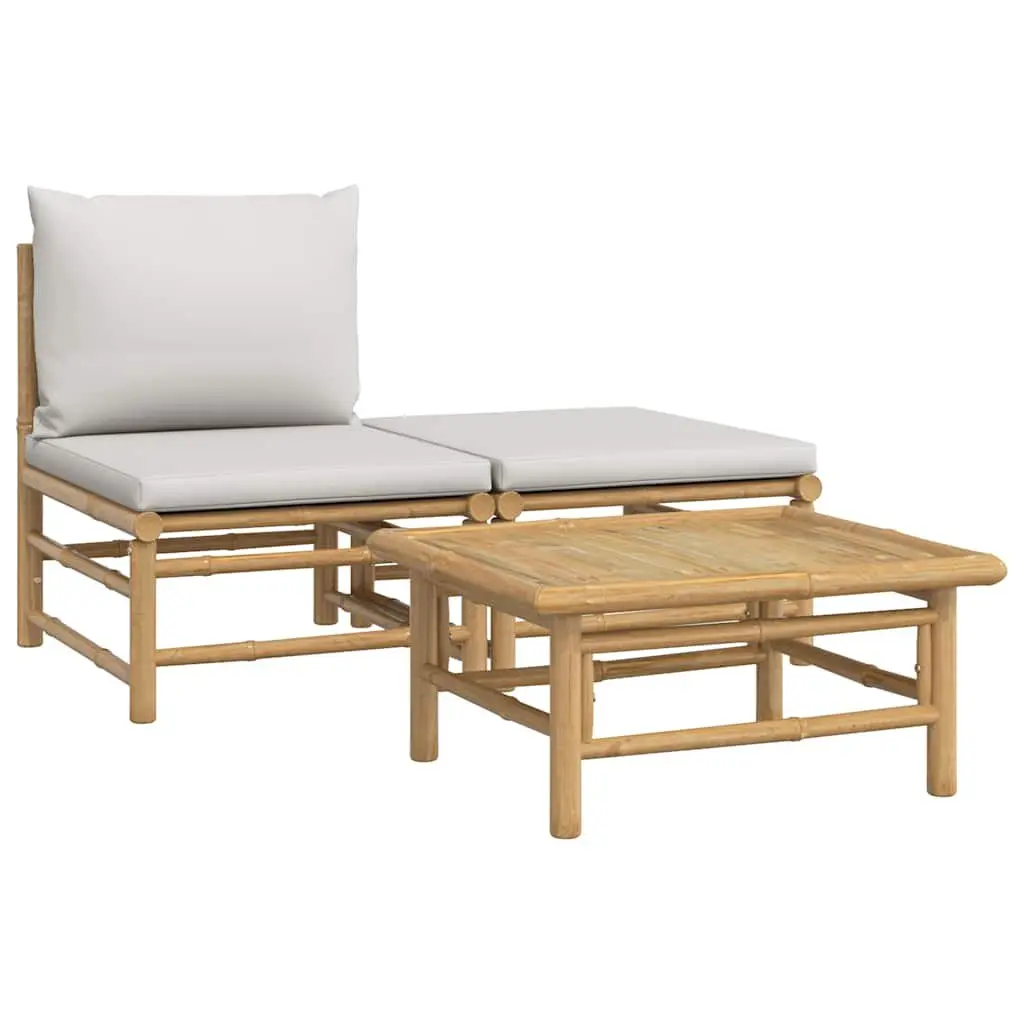 Bamboo Garden Lounge Set with Light Grey Cushions 3 Piece Outdoor Seating