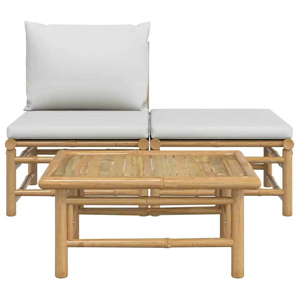 Bamboo Garden Lounge Set with Light Grey Cushions 3 Piece Outdoor Seating