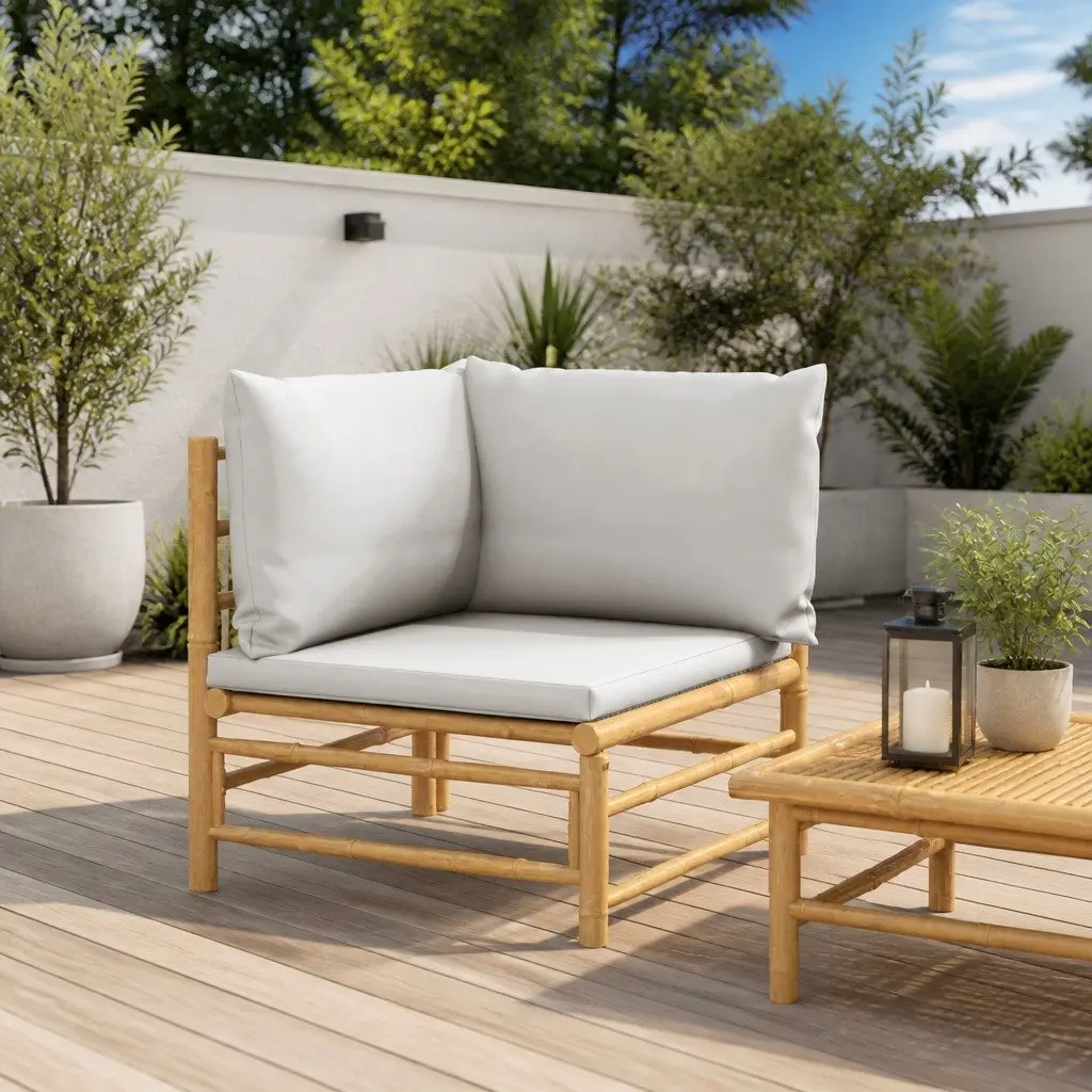 Garden Corner Sofa Outdoor Sectional Seating Bamboo Frame with Grey Cushions