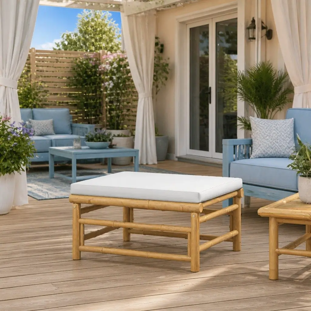 Garden Footstool Bamboo Frame with Grey Cushion Pad
