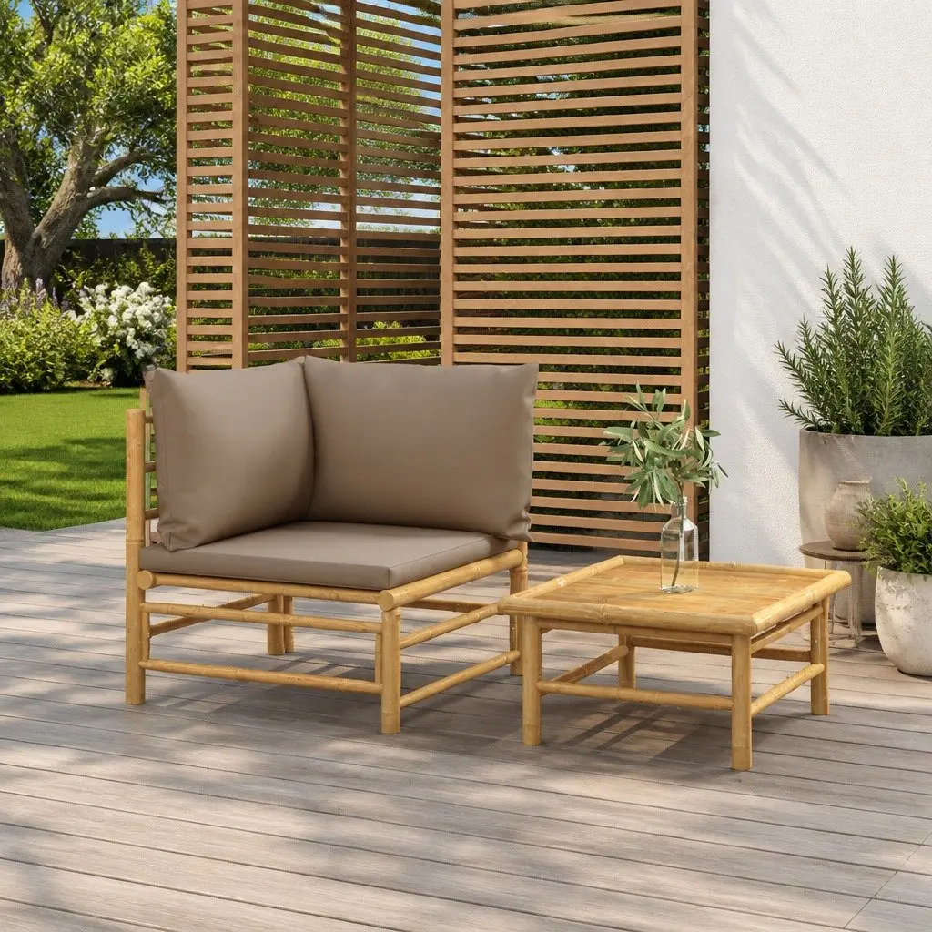 2 Piece Bamboo Garden Lounge Set Outdoor Sectional Sofa with Taupe Cushions