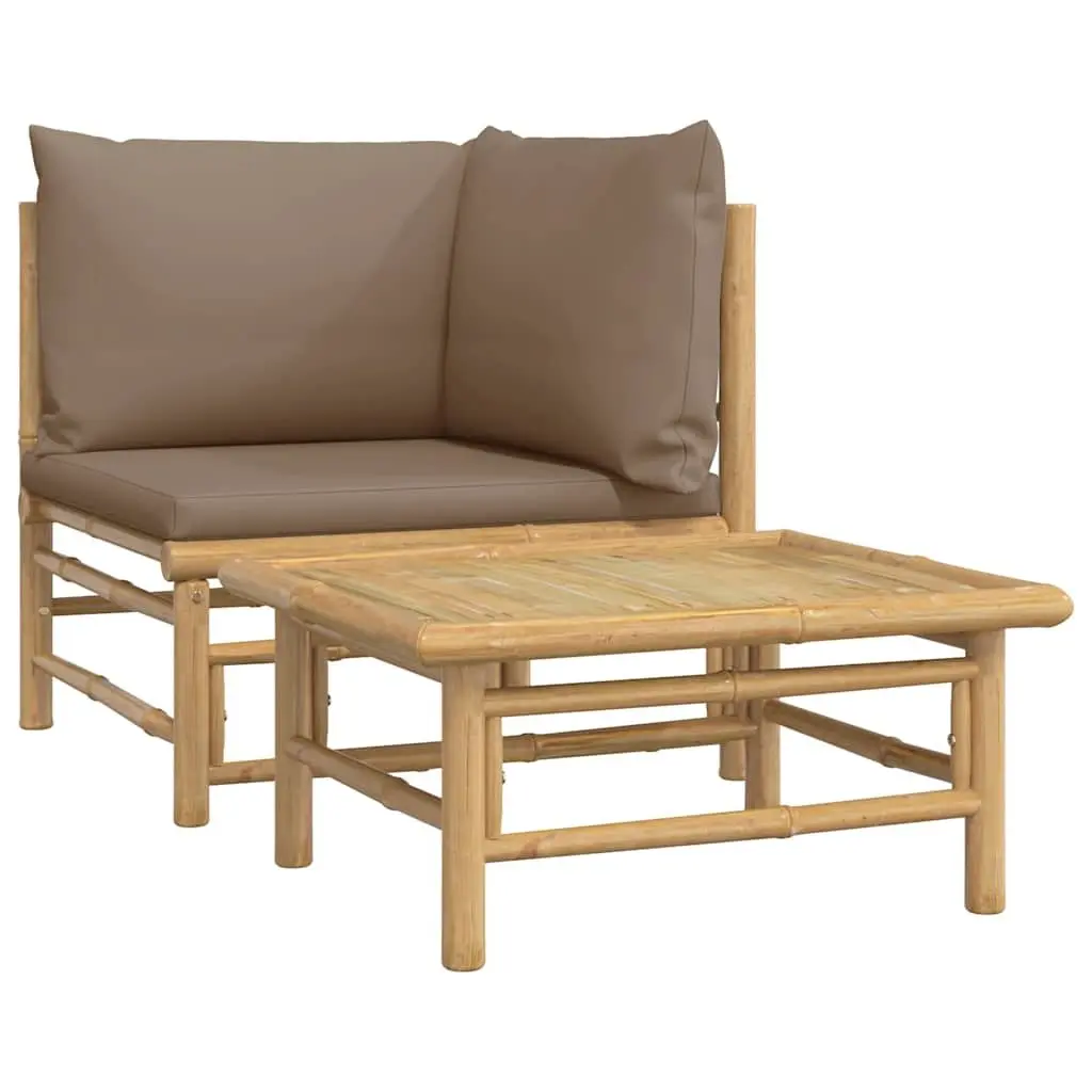 2 Piece Bamboo Garden Lounge Set Outdoor Sectional Sofa with Taupe Cushions