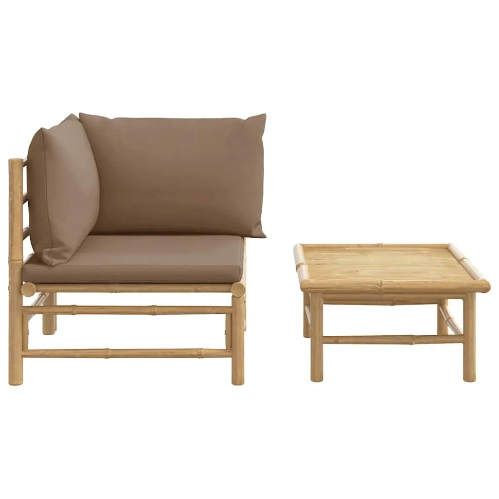 2 Piece Bamboo Garden Lounge Set Outdoor Sectional Sofa with Taupe Cushions