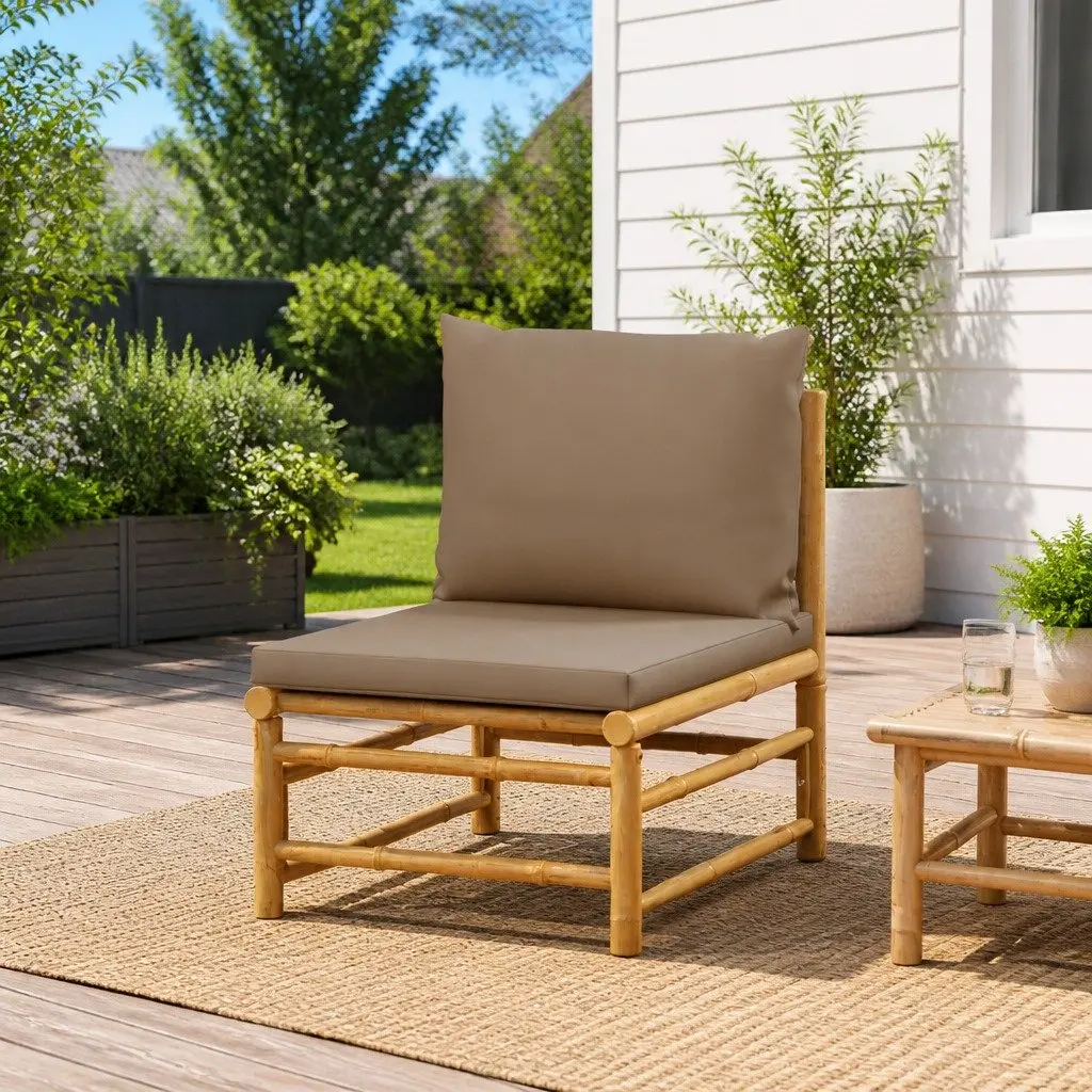 Bamboo Outdoor Middle Sofa Modular Seating with Backrest and Taupe Cushions