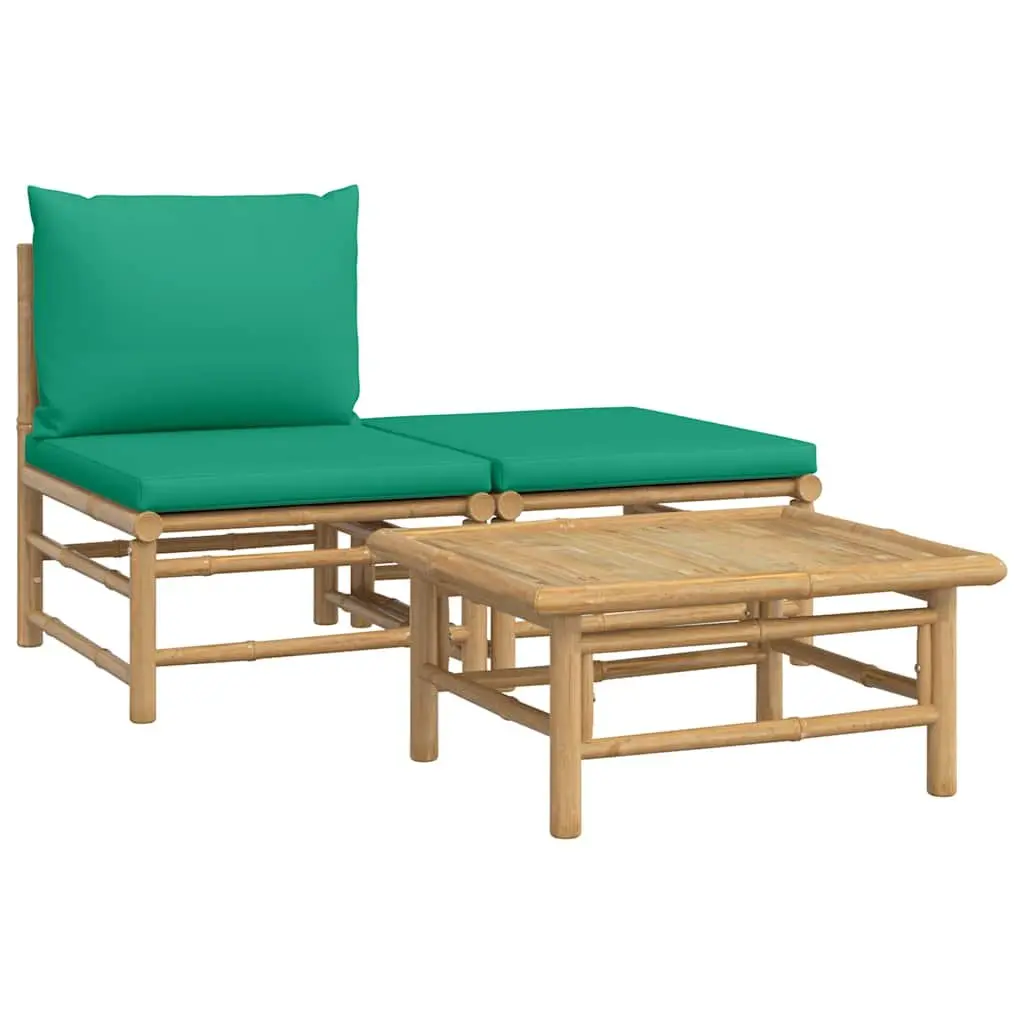 3 Piece Garden Lounge Set Bamboo Frame with Thickly Padded Green Cushions