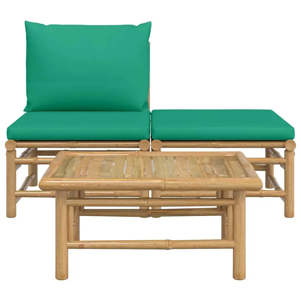 3 Piece Garden Lounge Set Bamboo Frame with Thickly Padded Green Cushions
