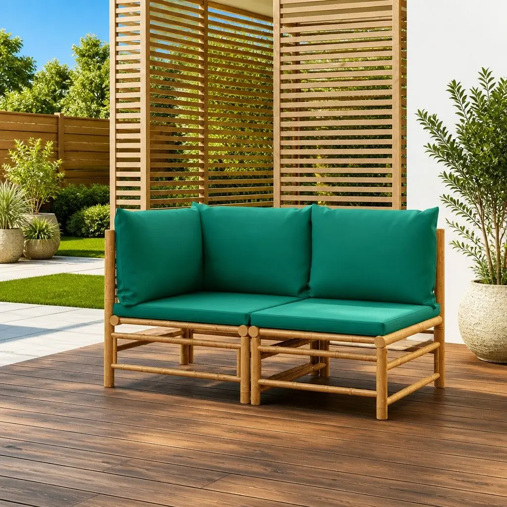 Bamboo Outdoor Lounge Set Modular Sofa Two Piece with Green Cushions
