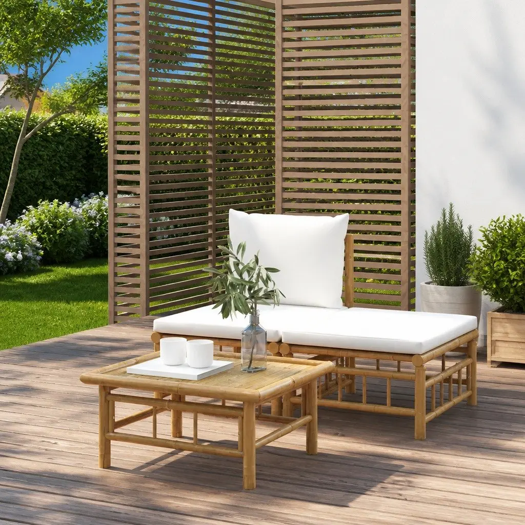 Bamboo Outdoor Lounge Set Cream White Cushions 3 Piece Garden Sofa Coffee Table