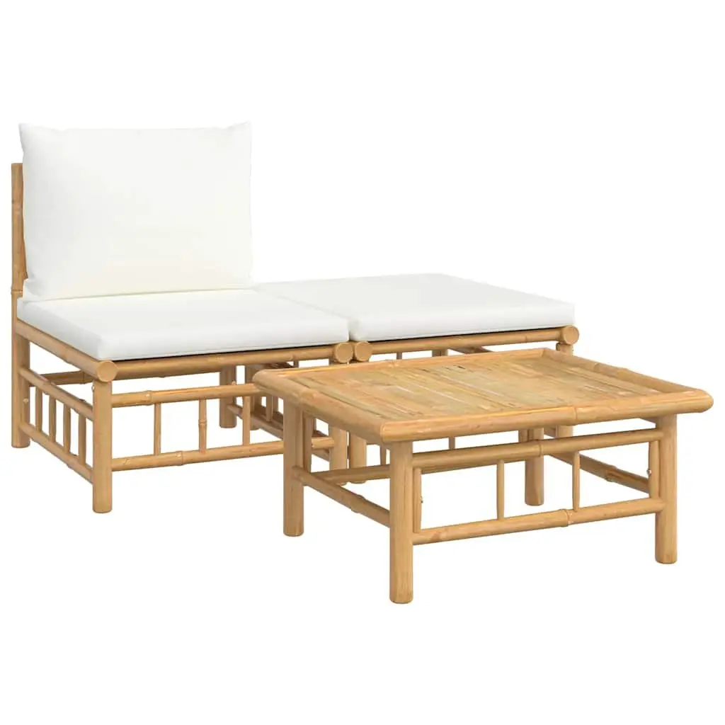 Bamboo Outdoor Lounge Set Cream White Cushions 3 Piece Garden Sofa Coffee Table