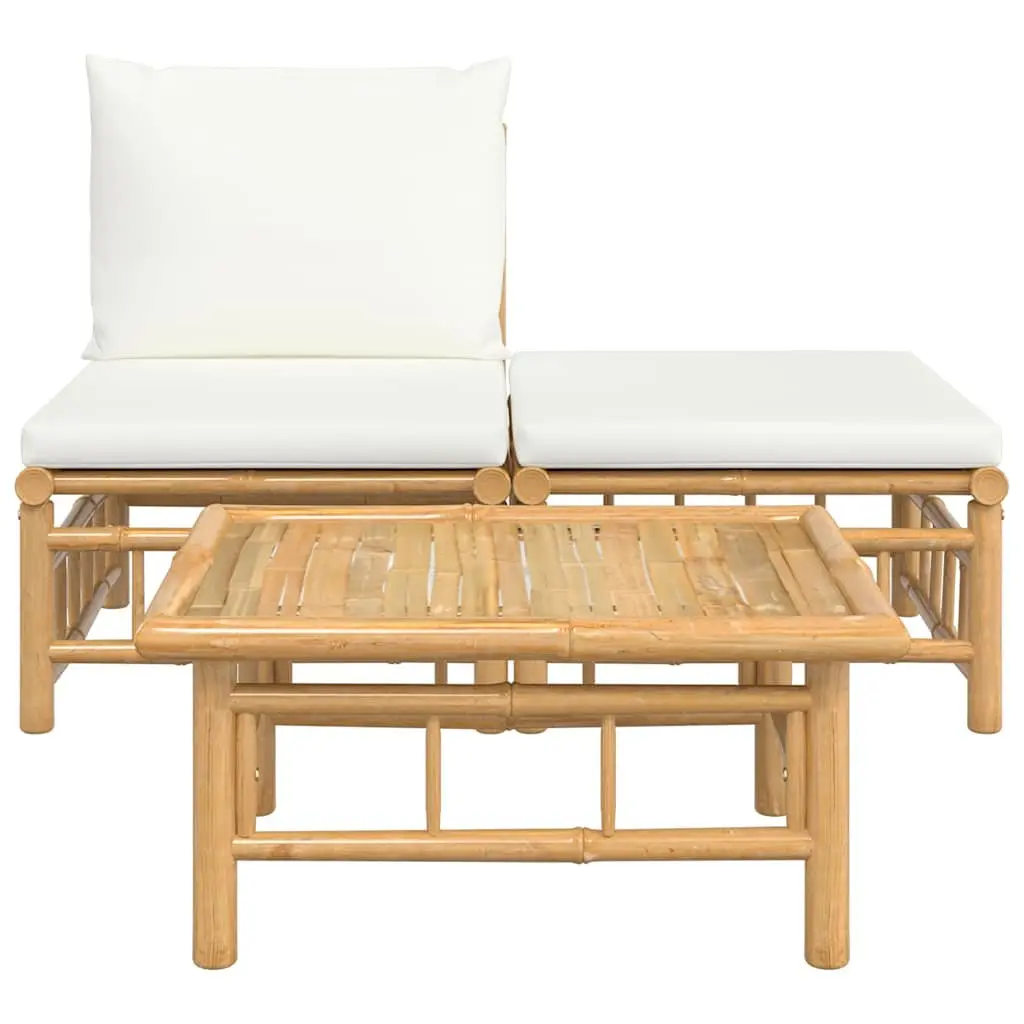 Bamboo Outdoor Lounge Set Cream White Cushions 3 Piece Garden Sofa Coffee Table