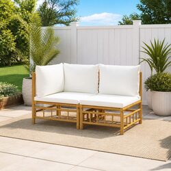 Outdoor Sectional Lounge Set 2 Piece Bamboo Garden Sofa White Cushions Modular