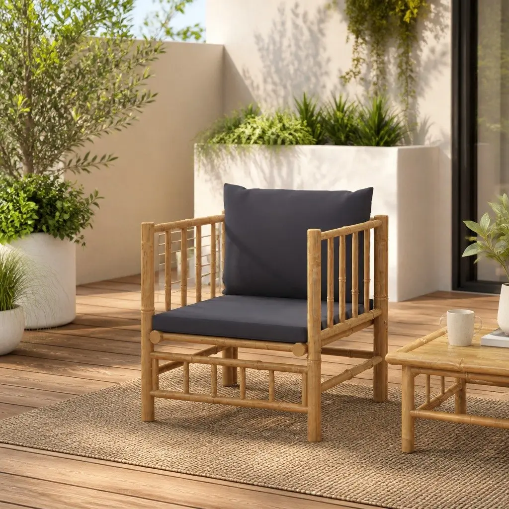 Outdoor Sectional Sofa Bamboo Garden Furniture with Grey Cushions Modular